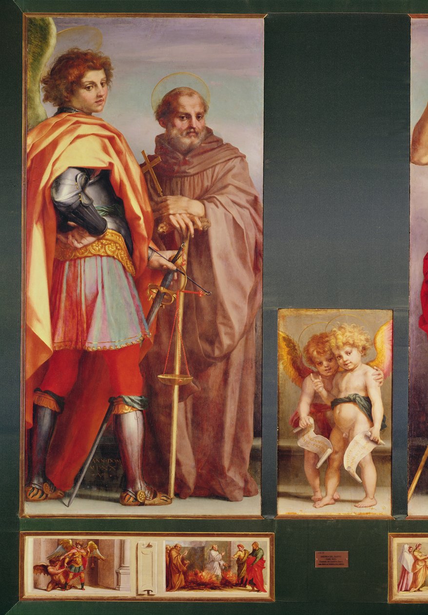Polyptiek van de abdij van Vallombrosa, detail van de linkerzijde met aartsengel Michaël en Sint Benedictus, 1528 (detail) door Andrea del Sarto