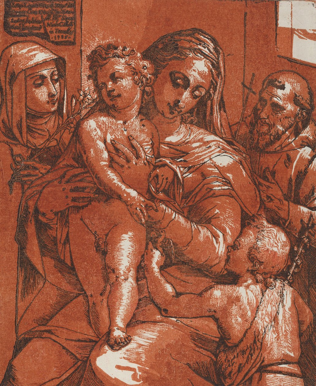 Madonna en Kind Begeleid door Heiligen, 1585 door Andrea Andreani