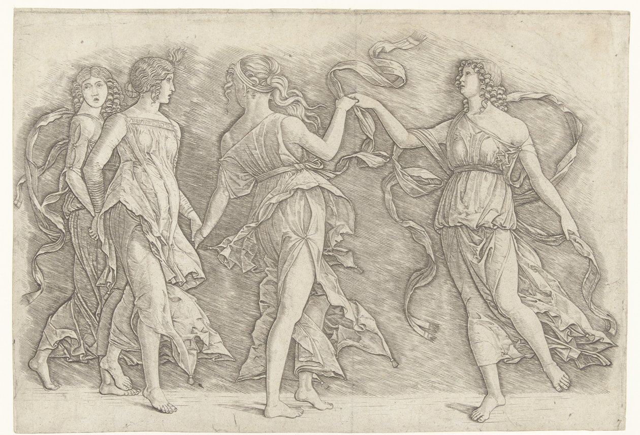 Vier dansende vrouwen door Andrea Mantegna (school of)