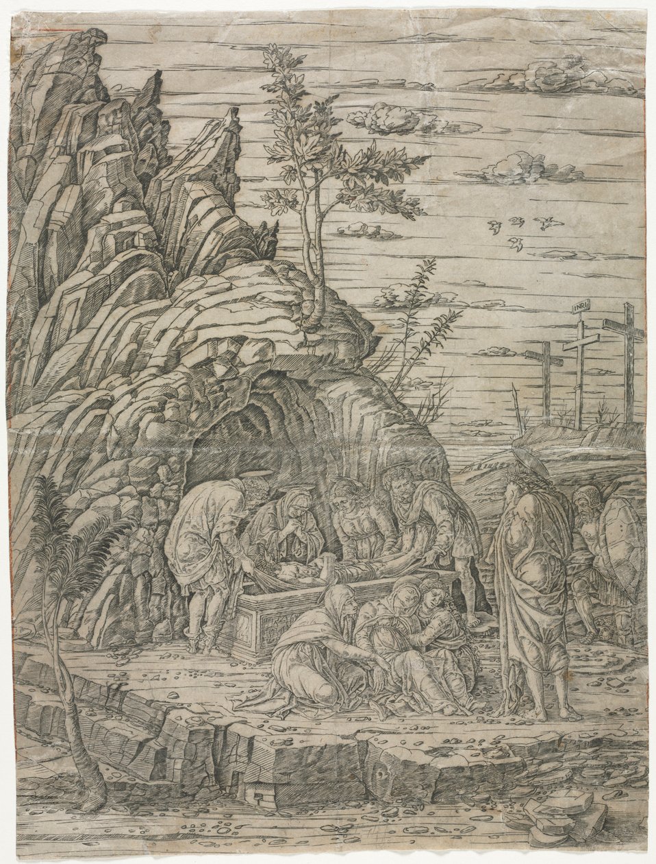 De graflegging met de vier vogels door Andrea Mantegna