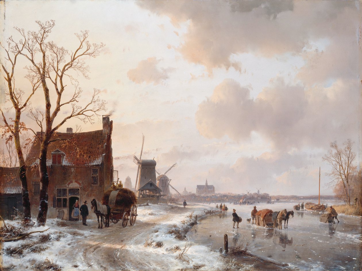 Winterlandschap met paarden op het ijs door Andreas Schelfhout