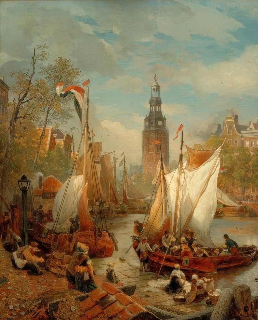 Hafenscène in Amsterdam (Hollands strandbeeld) door Andreas Achenbach