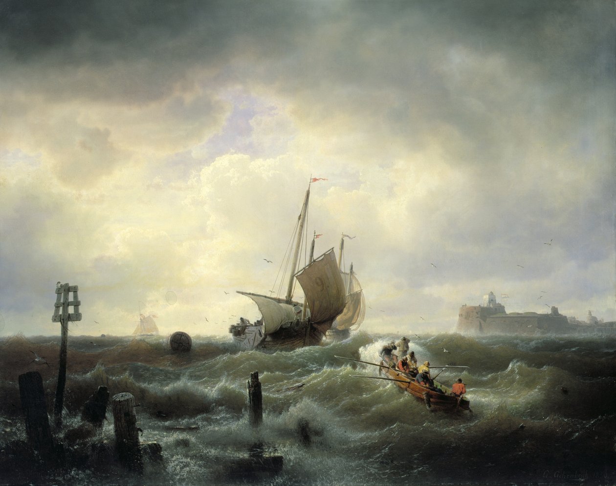 De ingang van de haven in Hellevoetsluis door Andreas Achenbach