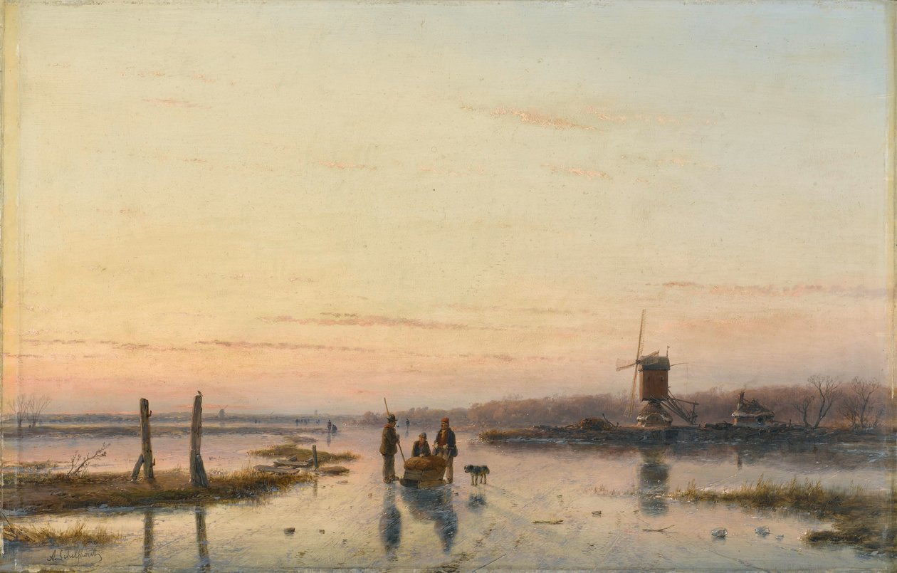 Molen naast een bevroren rivier door Andreas Schelfhout