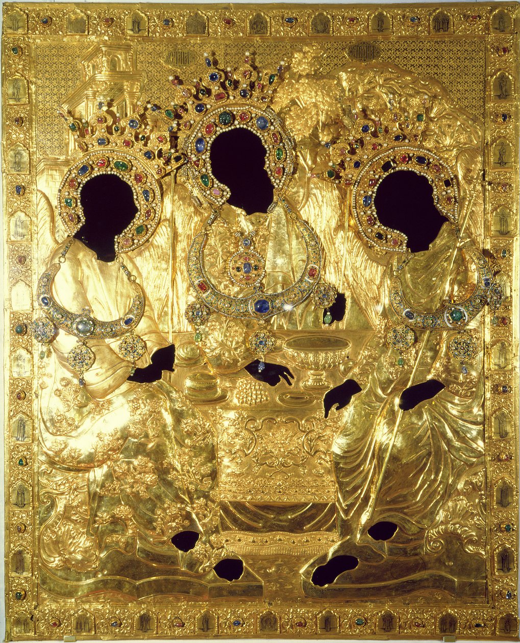 Oklad, of omslag van het Drie-eenheidsicoon (goud en zilver met edelstenen en parels) (detail) door Andrei Rublev