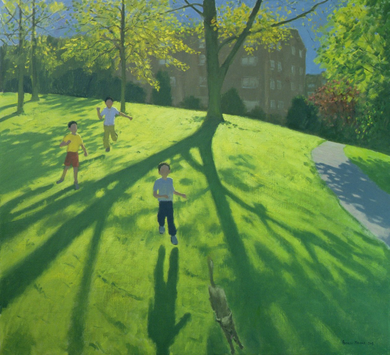 Kinderen rennen in het park, Derby, 2002 door Andrew Macara