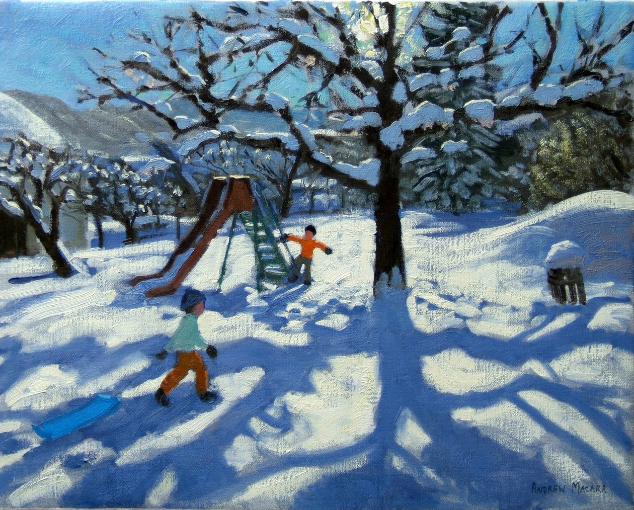 De glijbaan in de winter, Bourg, St Moritz door Andrew Macara