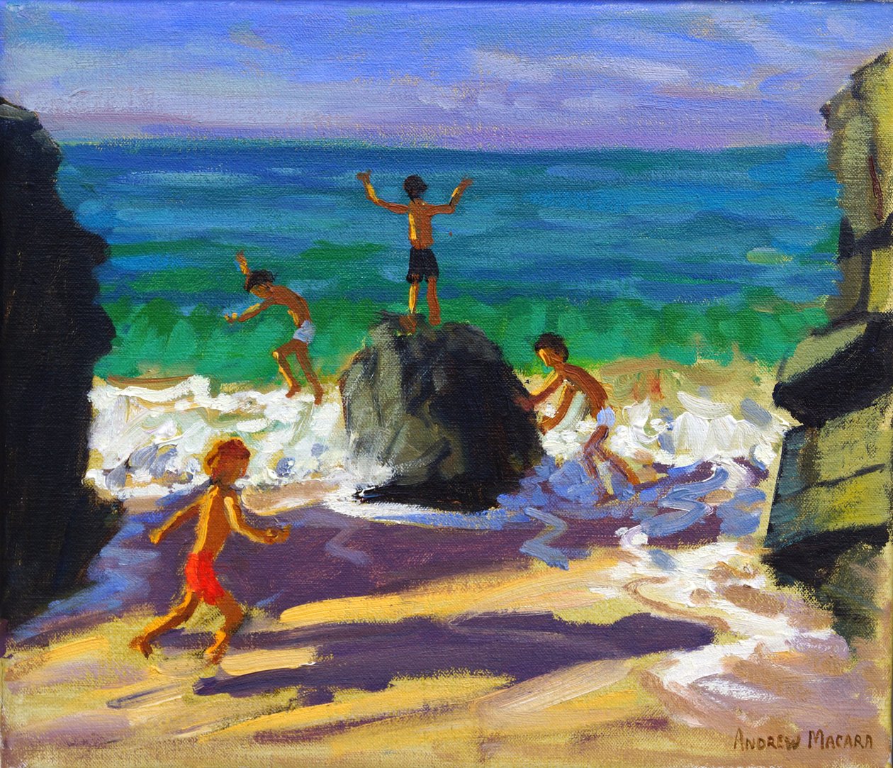 Klimmen op rotsen, Porthmeor strand, St Ives, 2013 door Andrew Macara