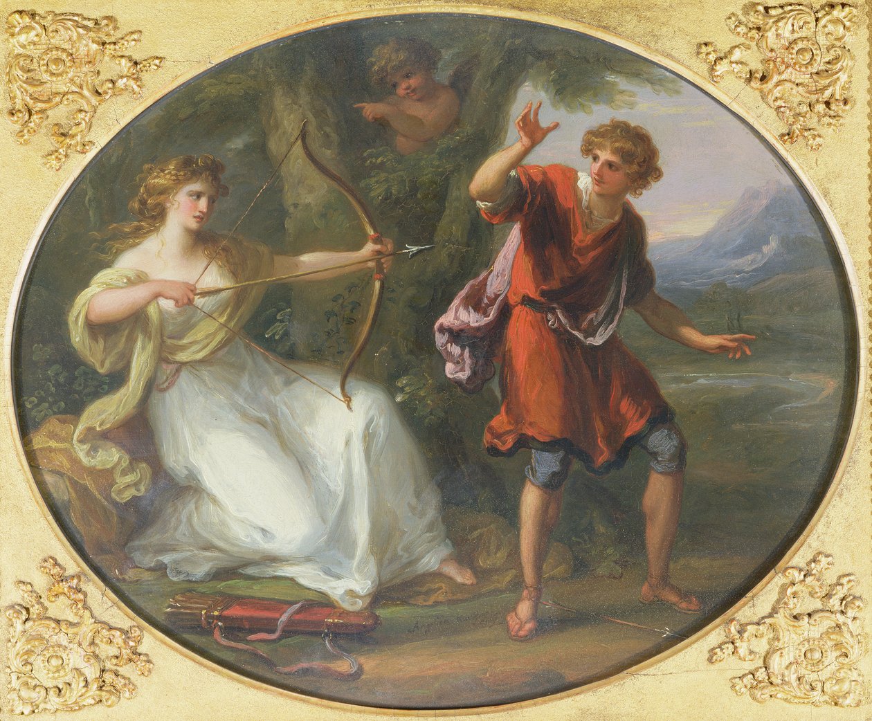 Een Nimf die haar Boog op een Jongeling richt door Angelica Kauffmann