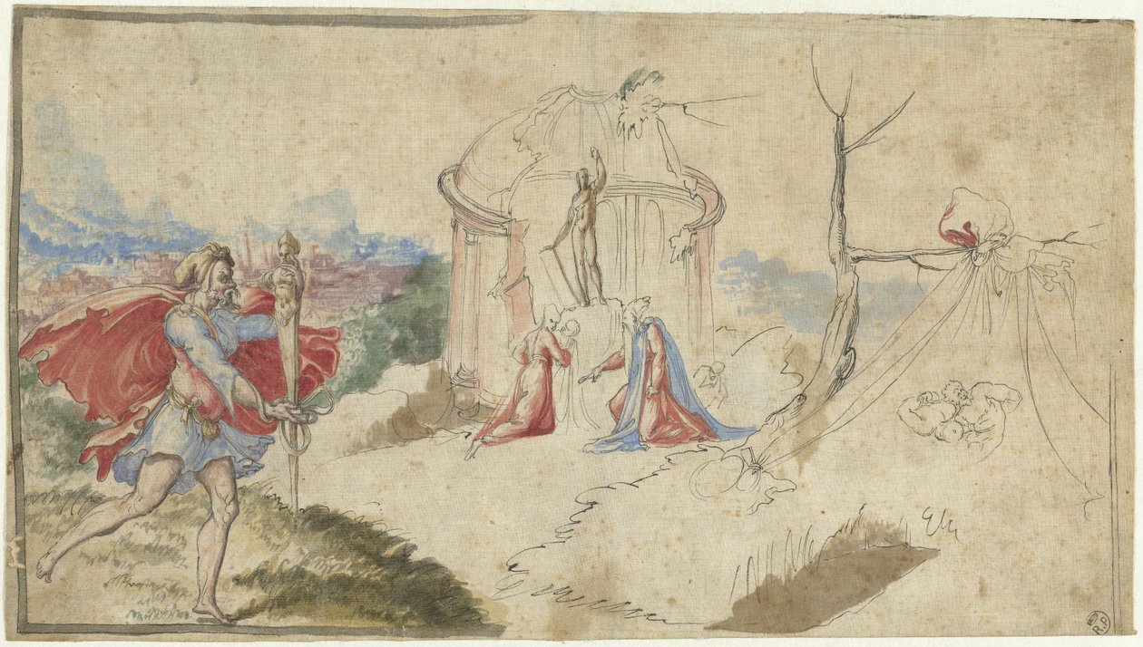 Mythologische scène (Aeneas ontvlucht Troje?) door Aniello Redita
