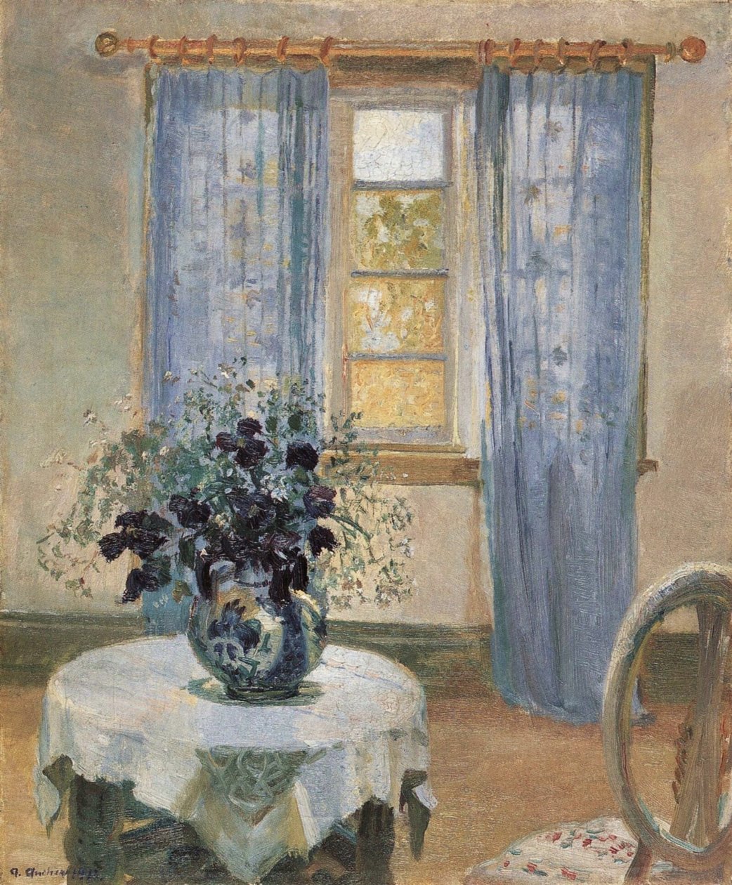 Blauwe clematis in het atelier van de kunstenaar door Anna Ancher