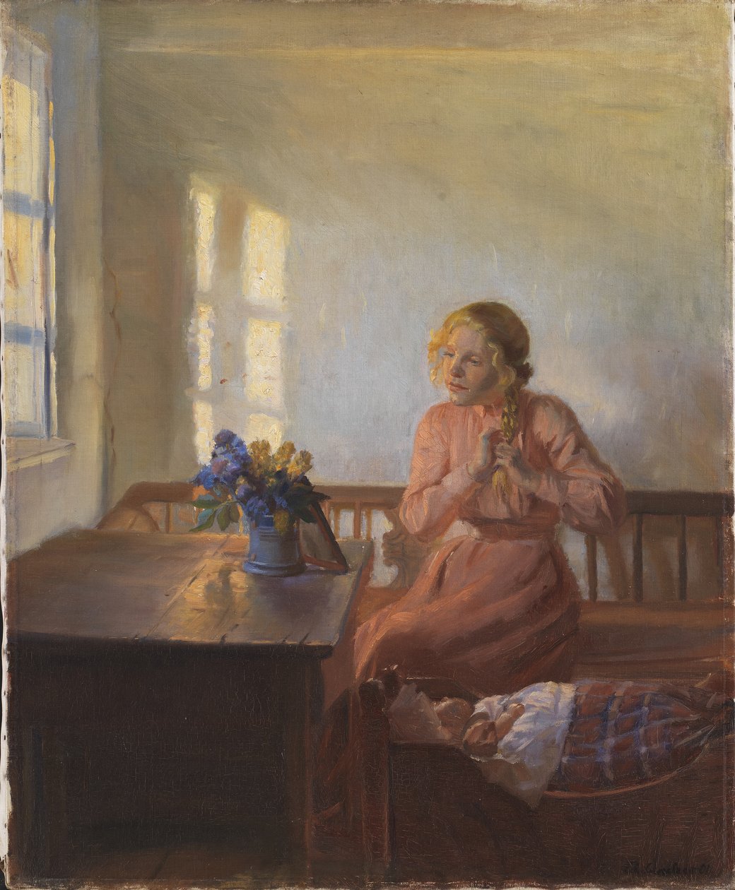 Een jong meisje vlecht haar haar door Anna Ancher