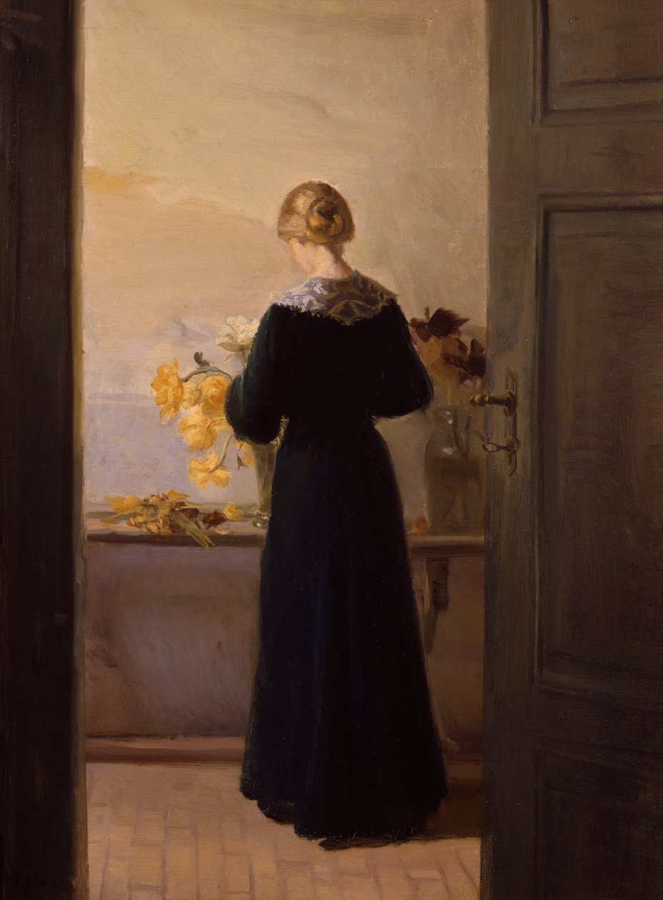 Meisje dat bloemen schikt door Anna Kirstine Ancher