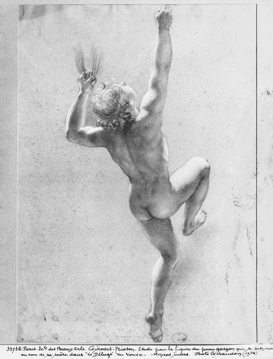 Overstromingsscène, studie van de naakte jonge jongen (zwarte potlood en krijt op grijs papier) door Anne Louis Girodet de Roucy Trioson