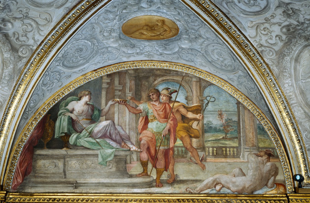 Lunet met de Tovenares Circe die Ulysses een Kom Vergiftigde Soep aanbiedt en Mercurius die een Kruidengeneesmiddel toevoegt, uit de 