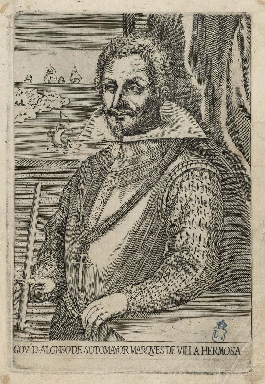 Alonso de Sotomayor, gouverneur van Chili. Ets en burijn door Anónimo italiano