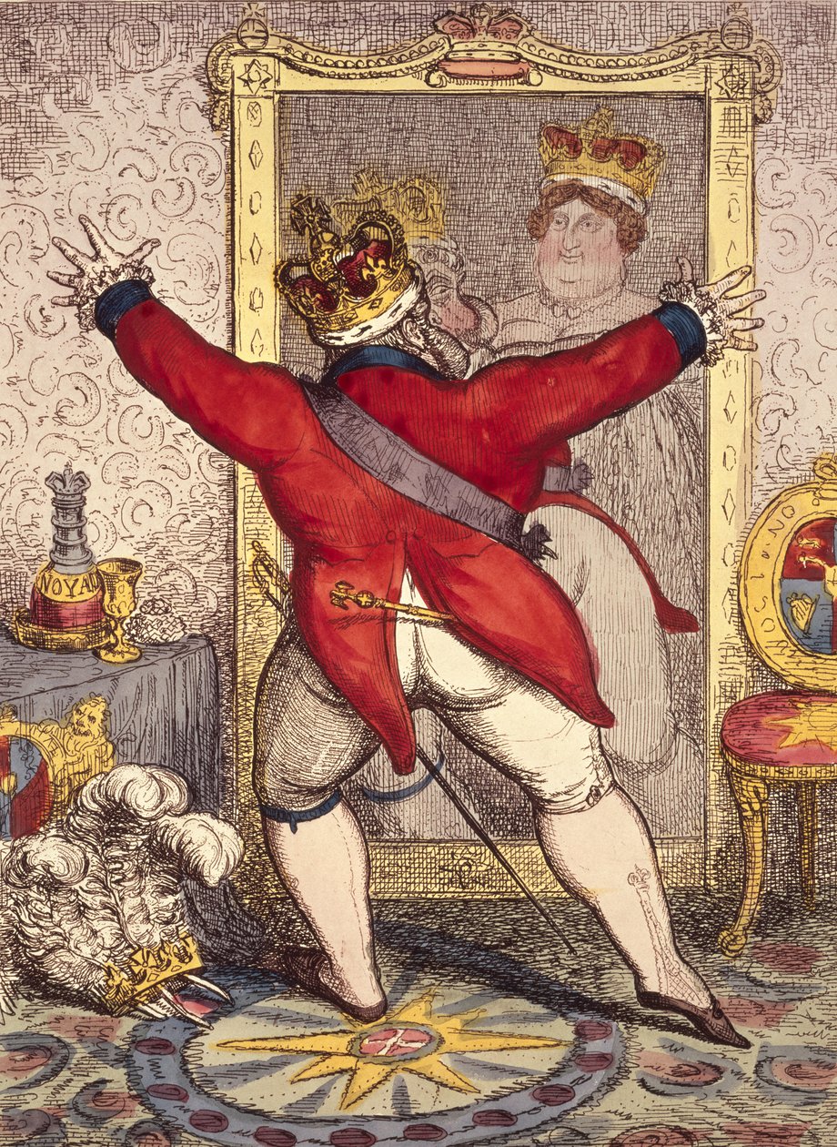 Reflectie: Zijn of niet zijn, cartoon van koning George IV van Engeland, 1820 door Unbekannt Unbekannt