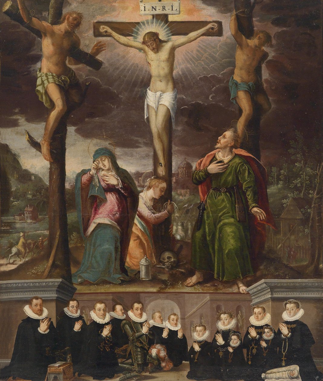 Kruisigingsscène met stichtersfamilie door Unknown