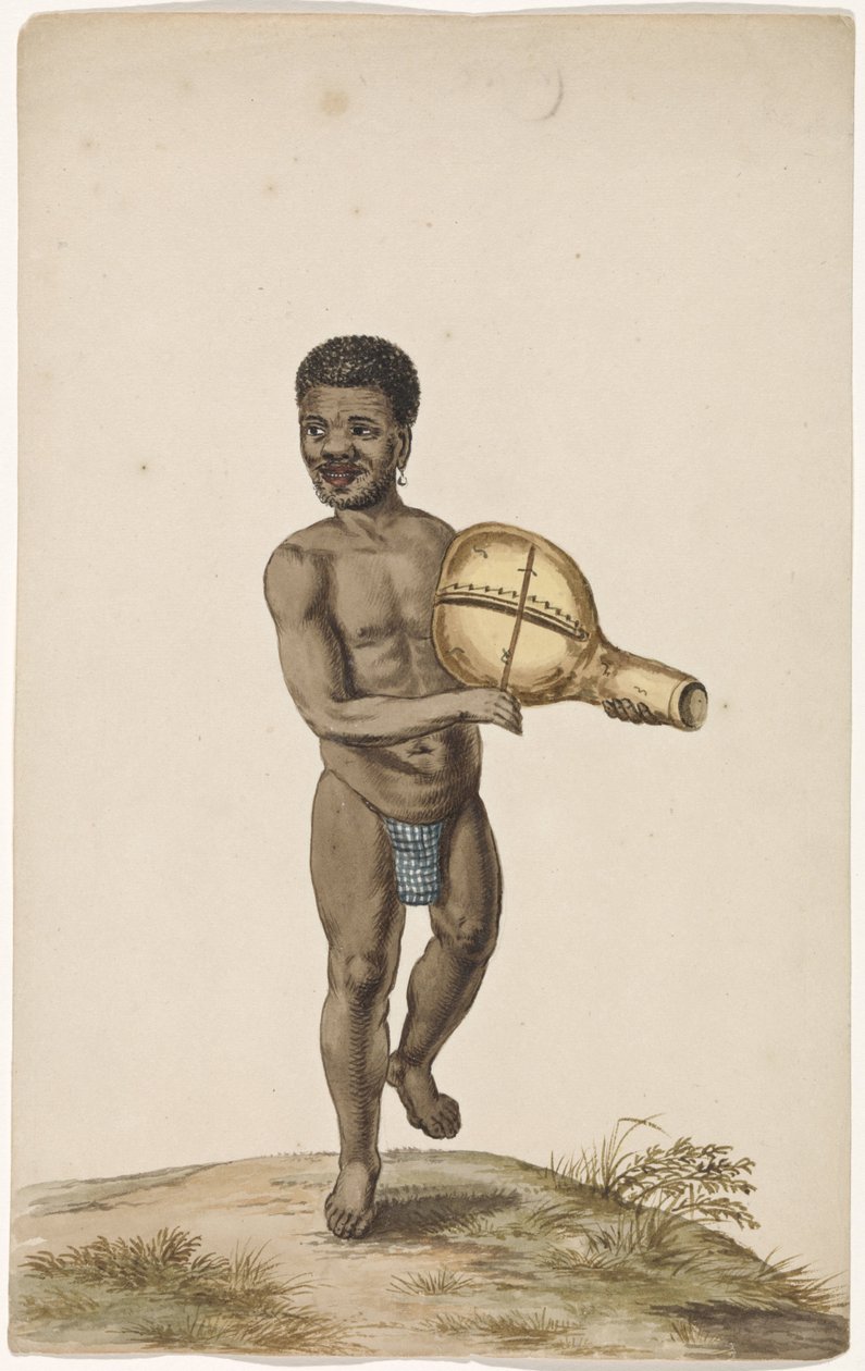 Afrikaanse musicerende man met kalebasinstrument door Anonymous
