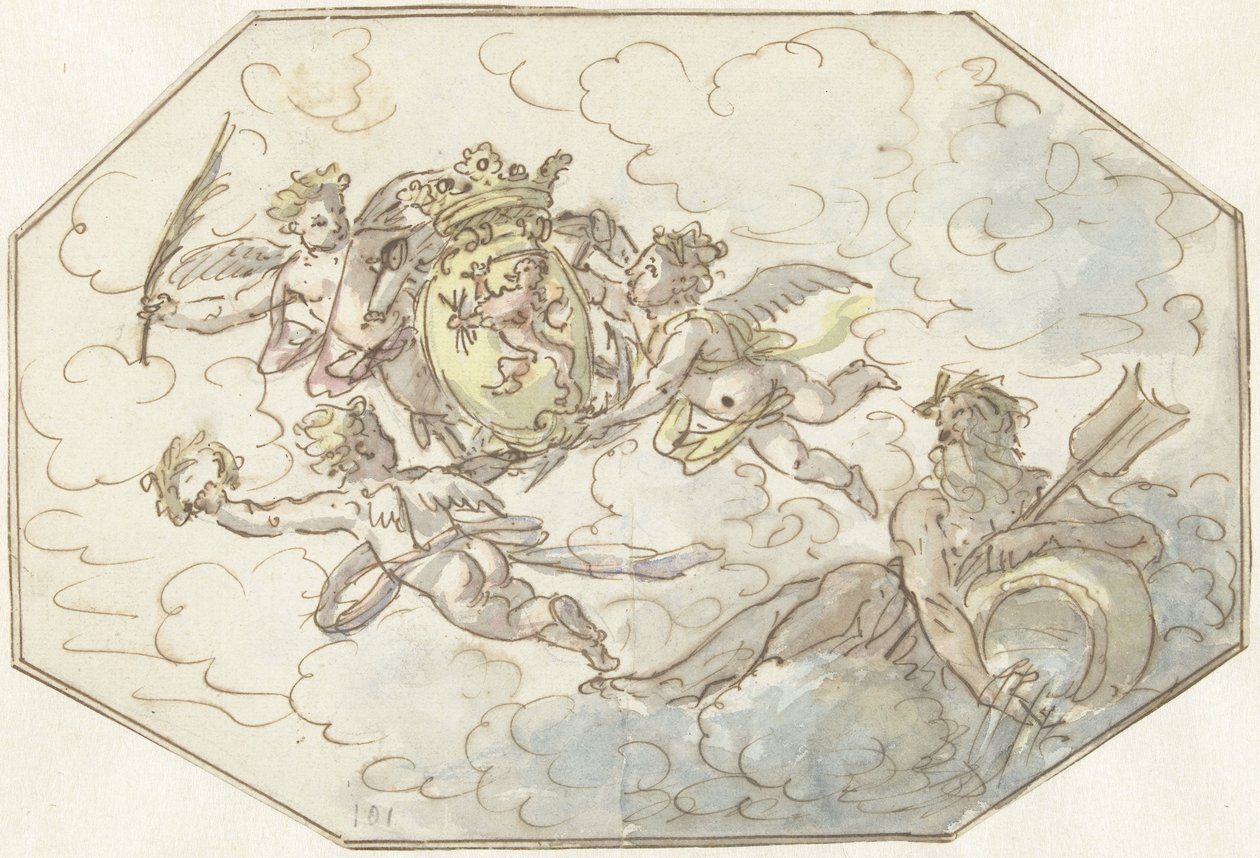 Allegorie met putti met wapen en stroomgod door Anonymous