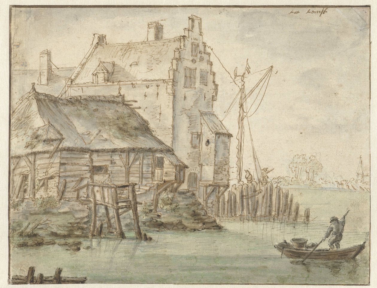Enige huizen aan een rivier door Anonymous