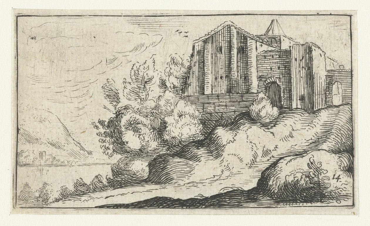 Gebouwen op een rots bij een rivier door Anonymous