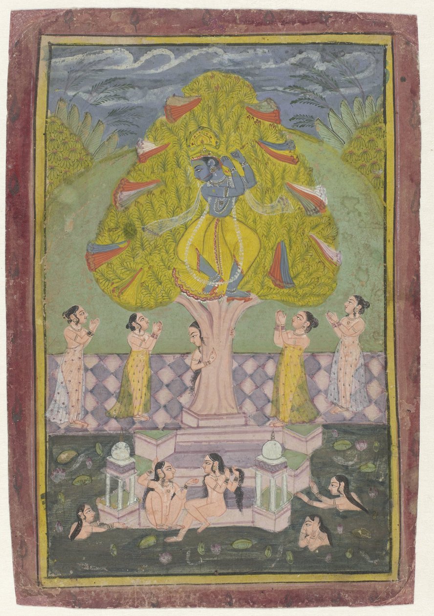 Krishna die de kleren van de Gopi