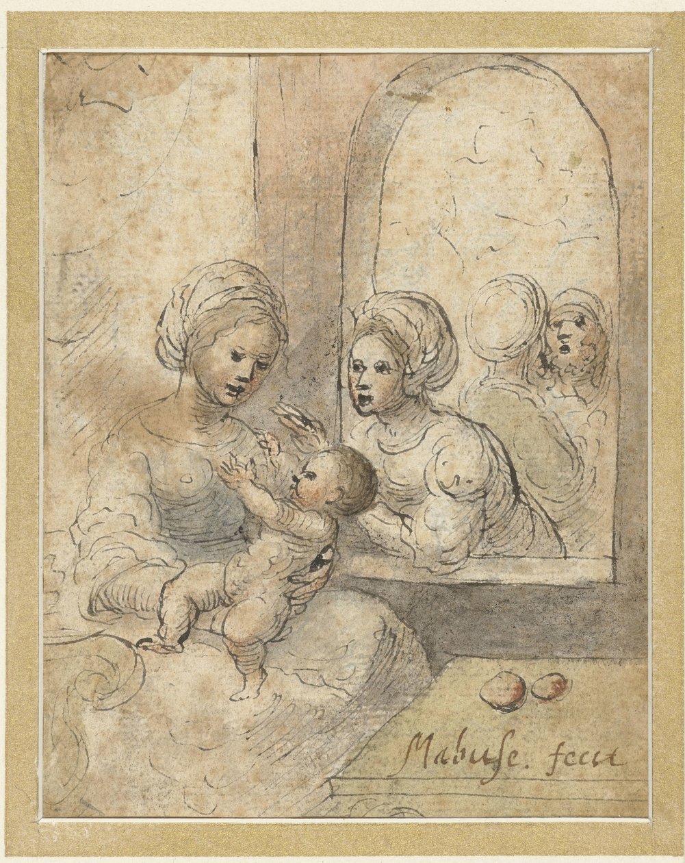 Maria met kind en drie andere figuren door Anonymous