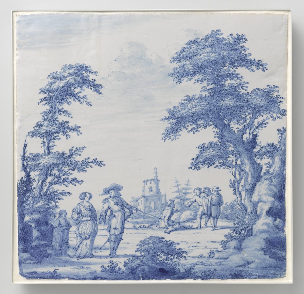 Plaat beschilderd met landschap met figuren door Anonymous