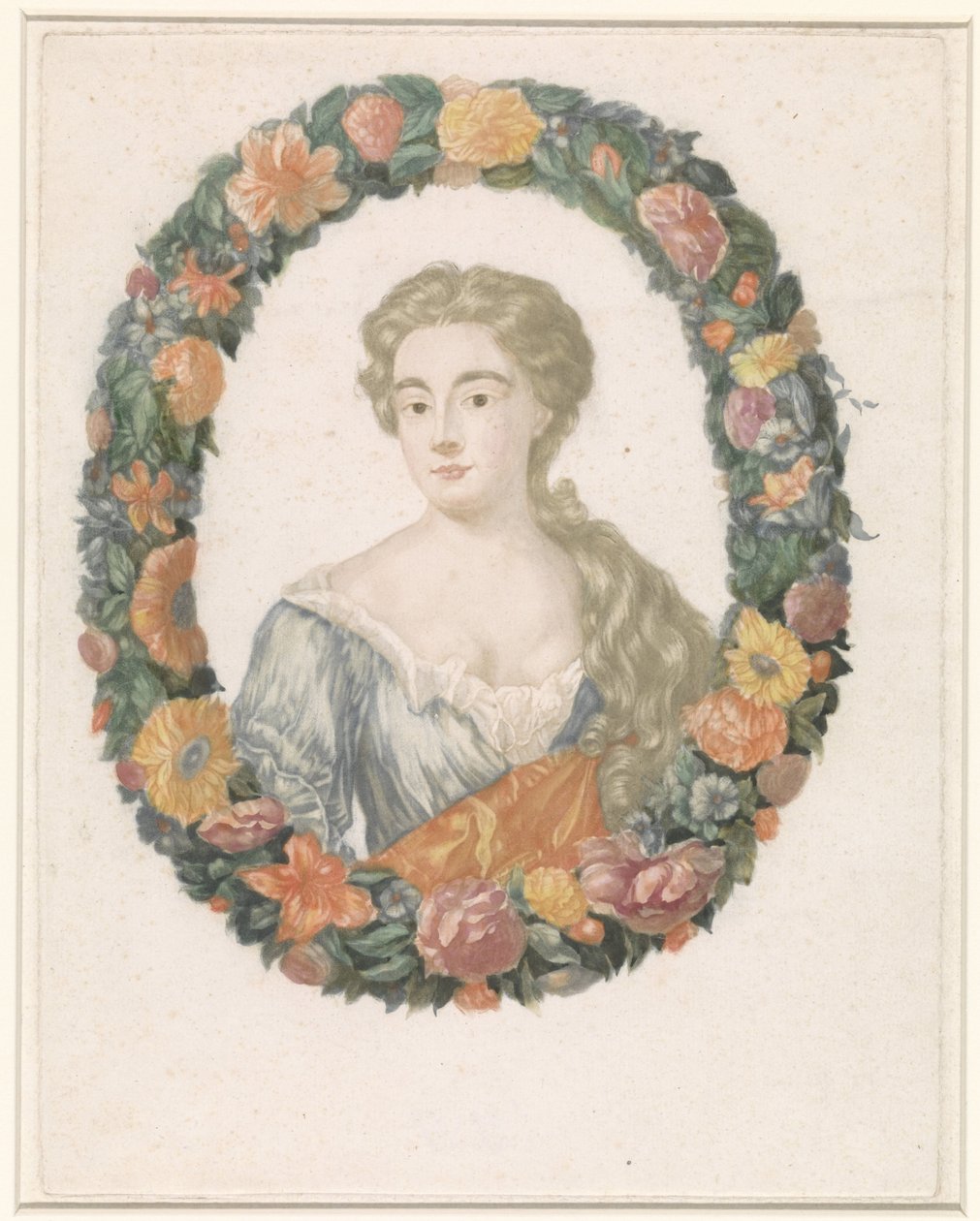 Portret van een vrouw in bloemenkrans door Anonymous