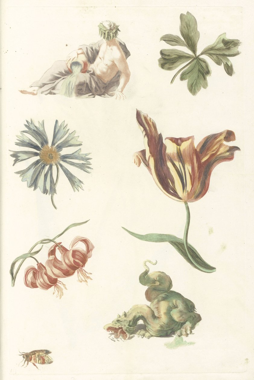 Riviergod, een draak en vier bloemen door Anonymous