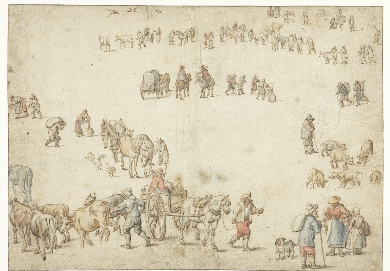 Studieblad met boerenwagens, vee, landlieden en ruiters door Anonymous