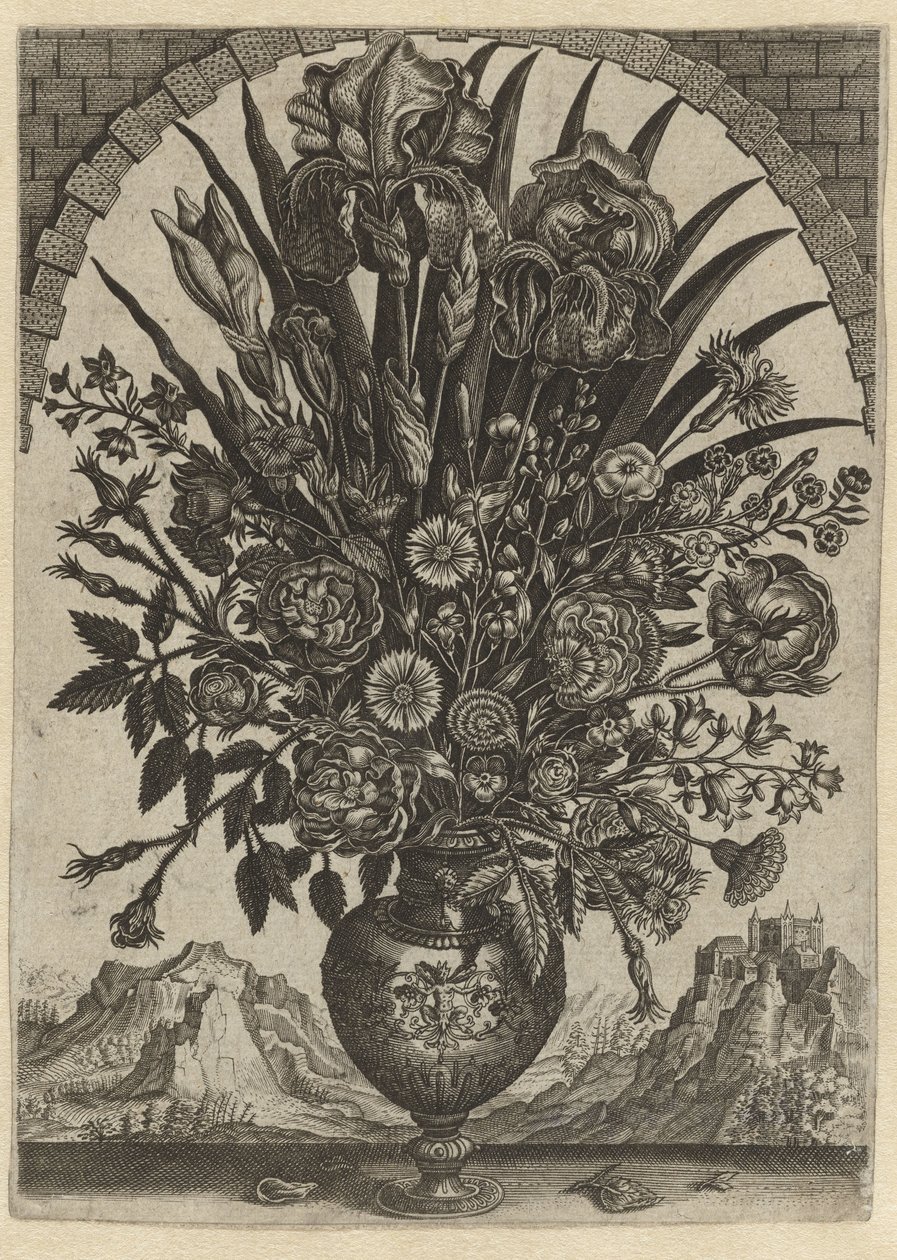 Vaas met bloemen in een boogvormig venster door Anonymous