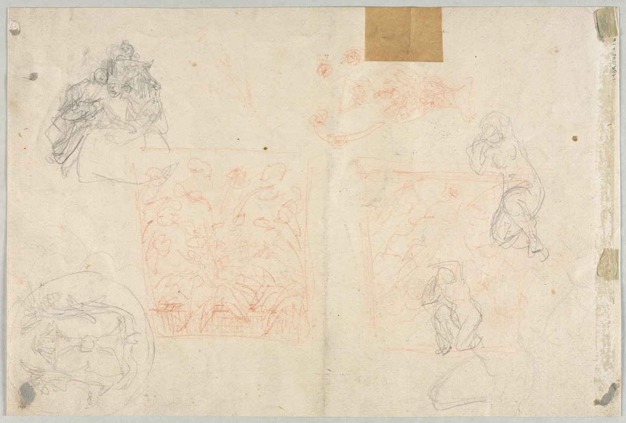 Diverse Schetsen van Figuren en Planten (verso) door Anonymous