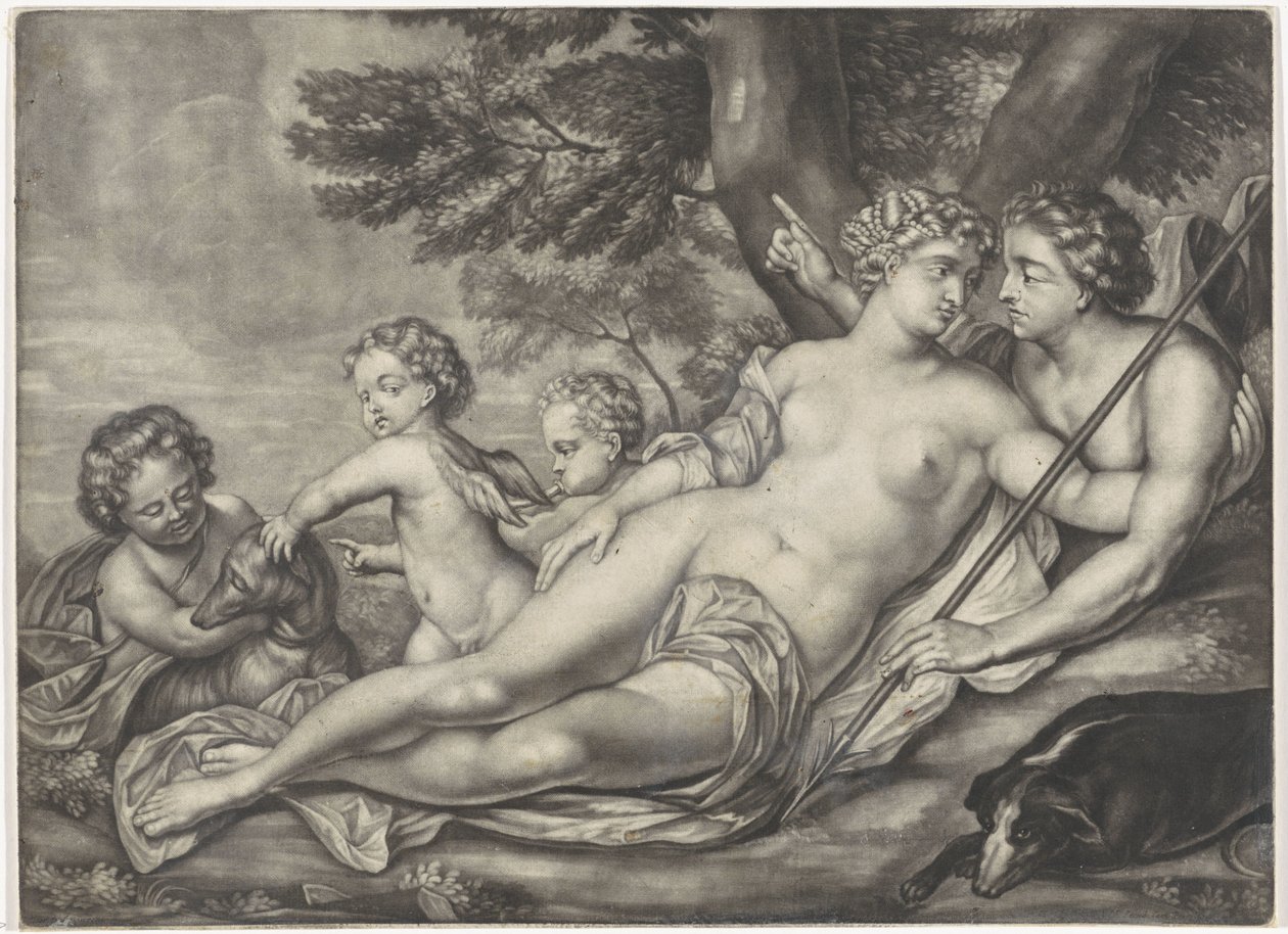Venus weerhoudt Adonis van de jacht door Anonymous