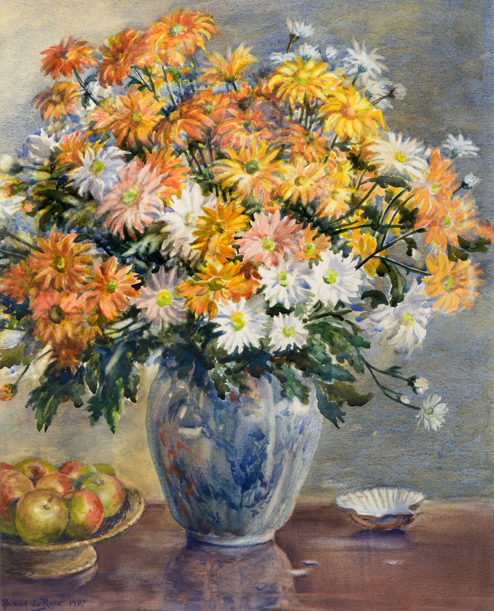 Chrysanten in een Blauwe en Witte Vaas door Anthea Durose
