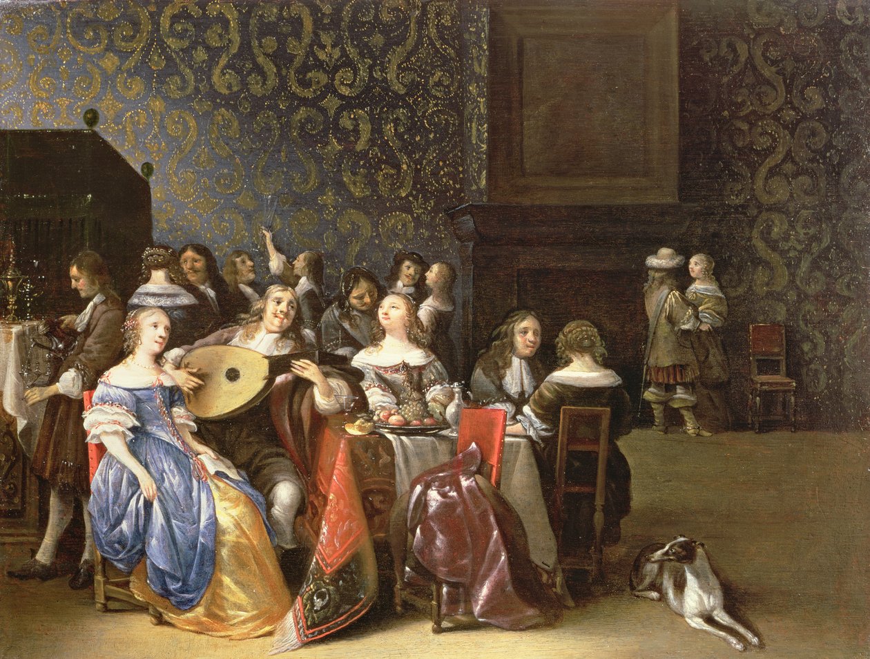 Elegante gezelschap dat plezier maakt in een interieur door Anthonie Palamedesz