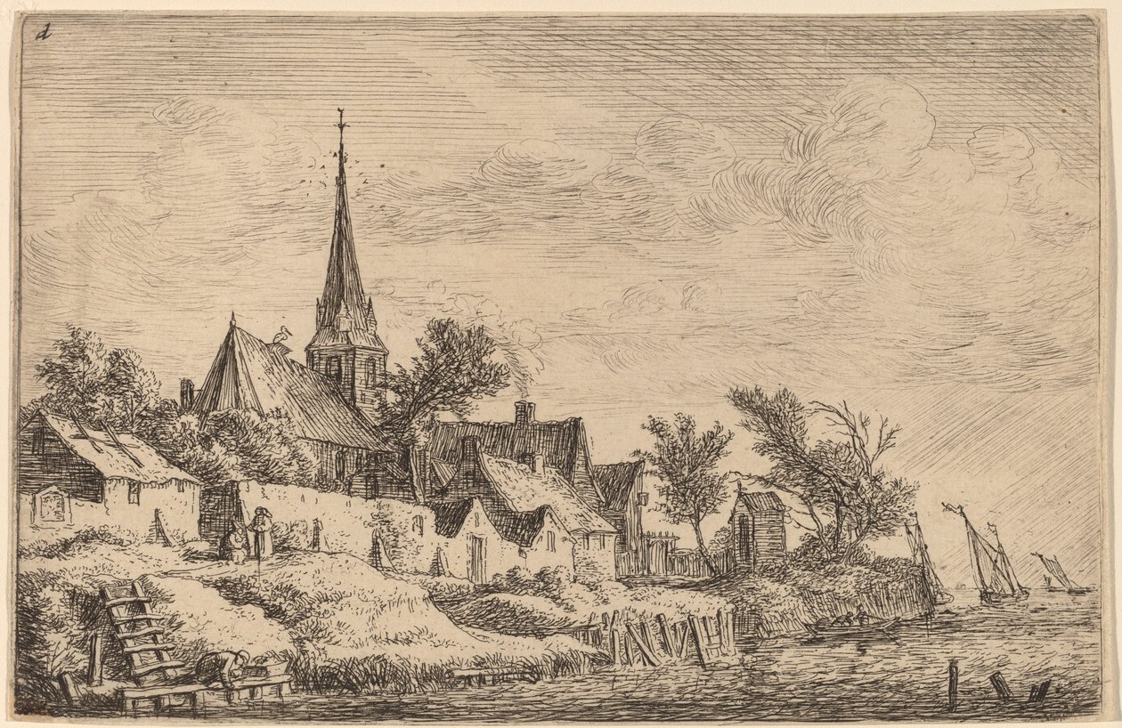 Dorpstoren aan de kust door Anthonie Waterloo