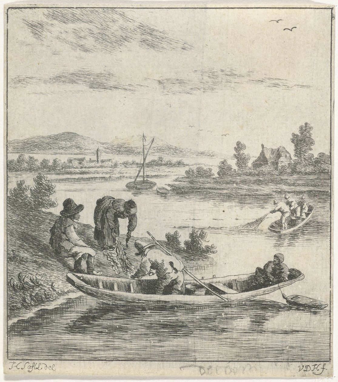 Vissers op een rivier door Anthonij van der Haer