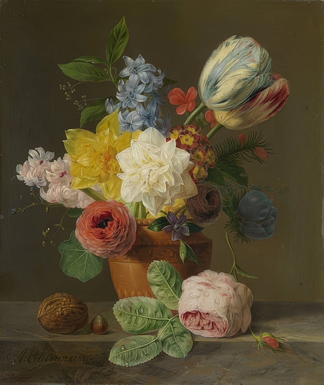Stilleven met bloemen en noten door Anthony Oberman
