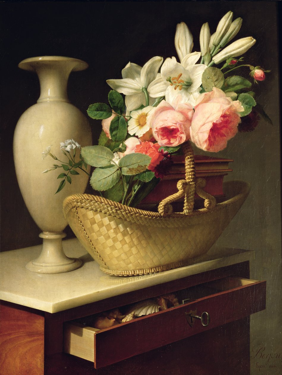Boeket van Lelies en Rozen in een Mand, 1814 door Antoine Berjon