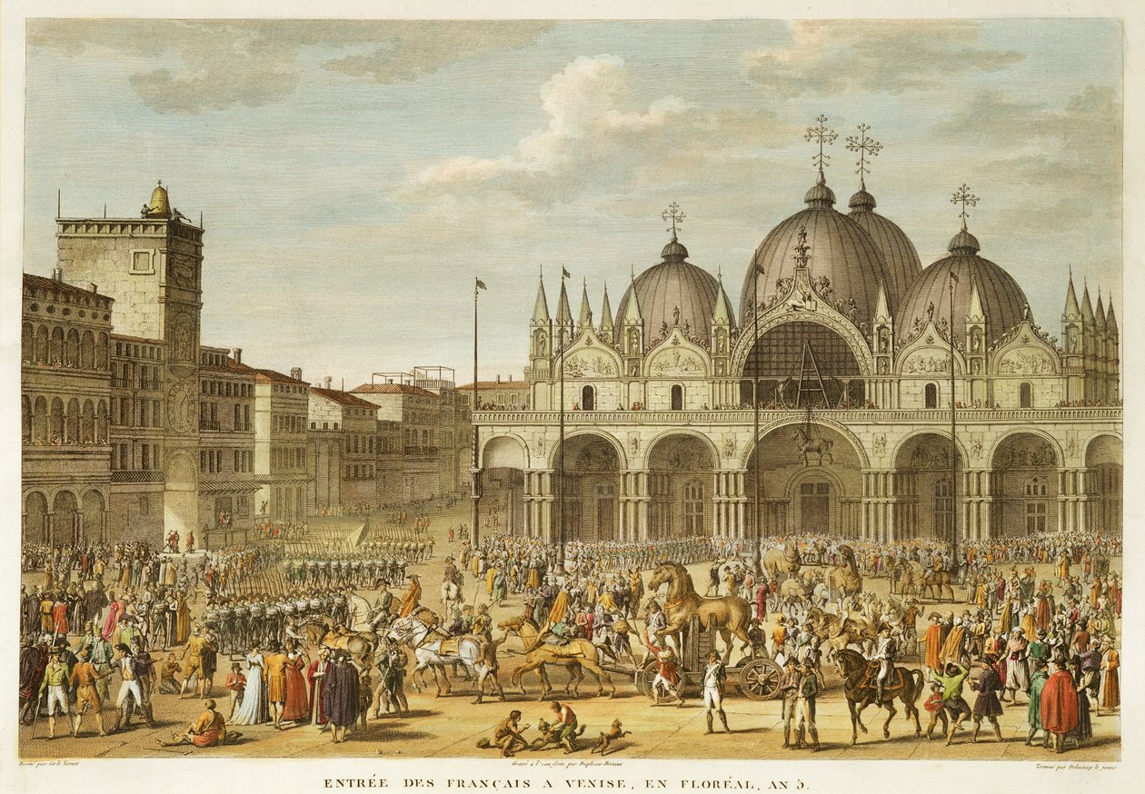 De intocht van de Fransen in Venetië en de diefstal van de Paarden van San Marco, in Floreal, Jaar 5 (mei 1797) gegraveerd door Jean Duplessi-Bertaux (1747-1819) door Antoine Charles Horace Vernet