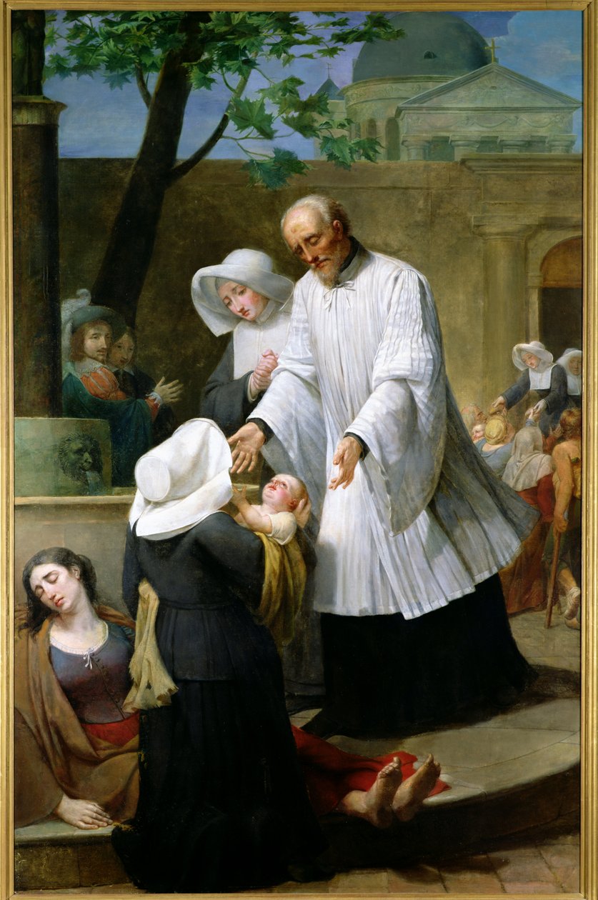 Sint Vincentius de Paul helpt de pestlijders door Antoine Ansiaux