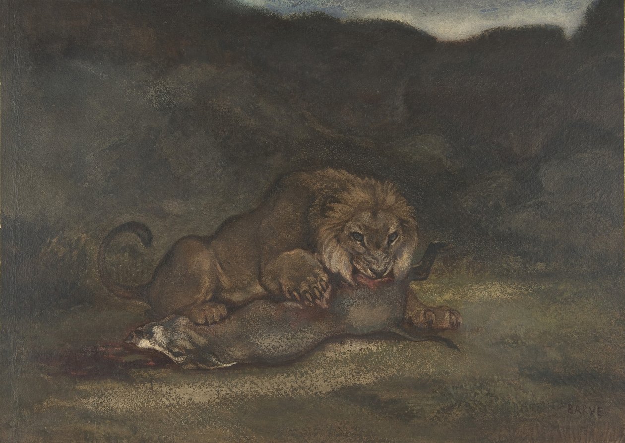 Leeuw die Prooi Verslindt, 1810-75 door Antoine Louis Barye