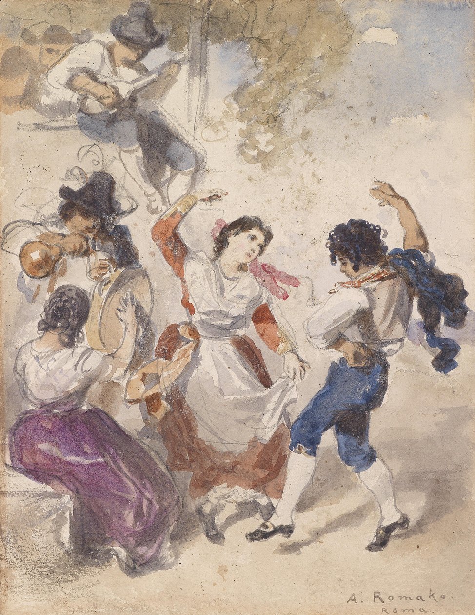 Tarantelladansers en mandolinespeler door Anton Romako