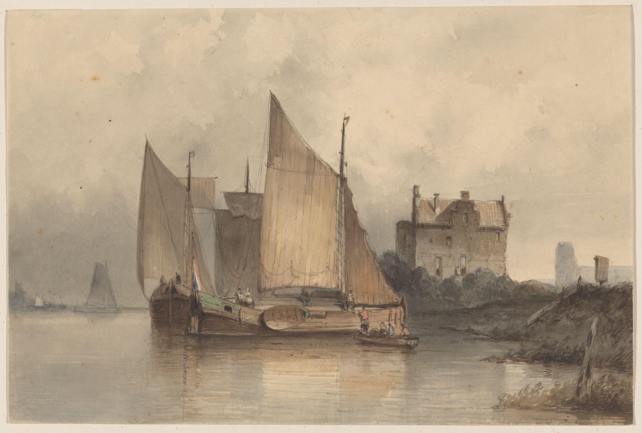 Riviergezicht met een zeilschip door Antonie Waldorp