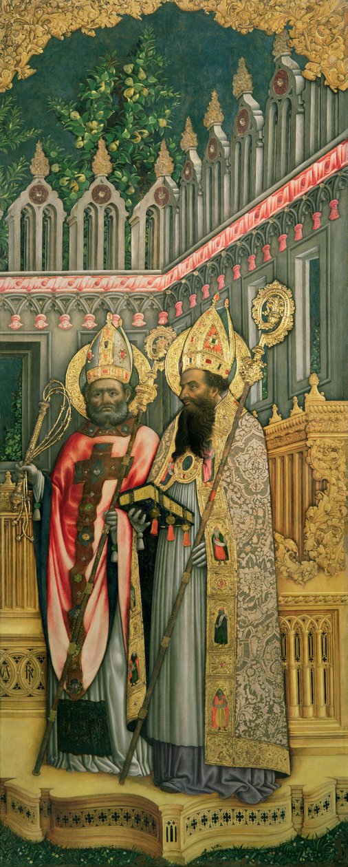 St. Ambrosius en St. Augustinus, rechterpaneel van De Maagd op de Troon met Heiligen Jerome, Gregorius, Ambrosius en Augustinus, 1446 (post restauratie) door Antonio Vivarini