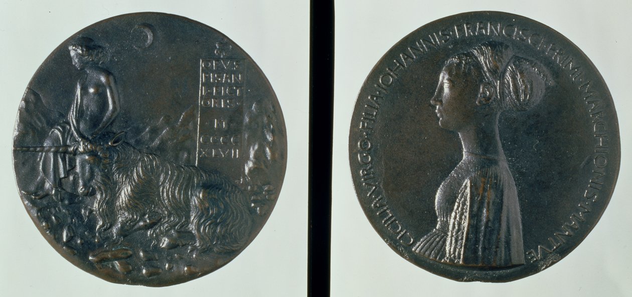 Portretmedaille, voorzijde met Cecilia Gonzaga, achterzijde met een vrouwelijke figuur en eenhoorn, 1447 door Antonio Pisanello