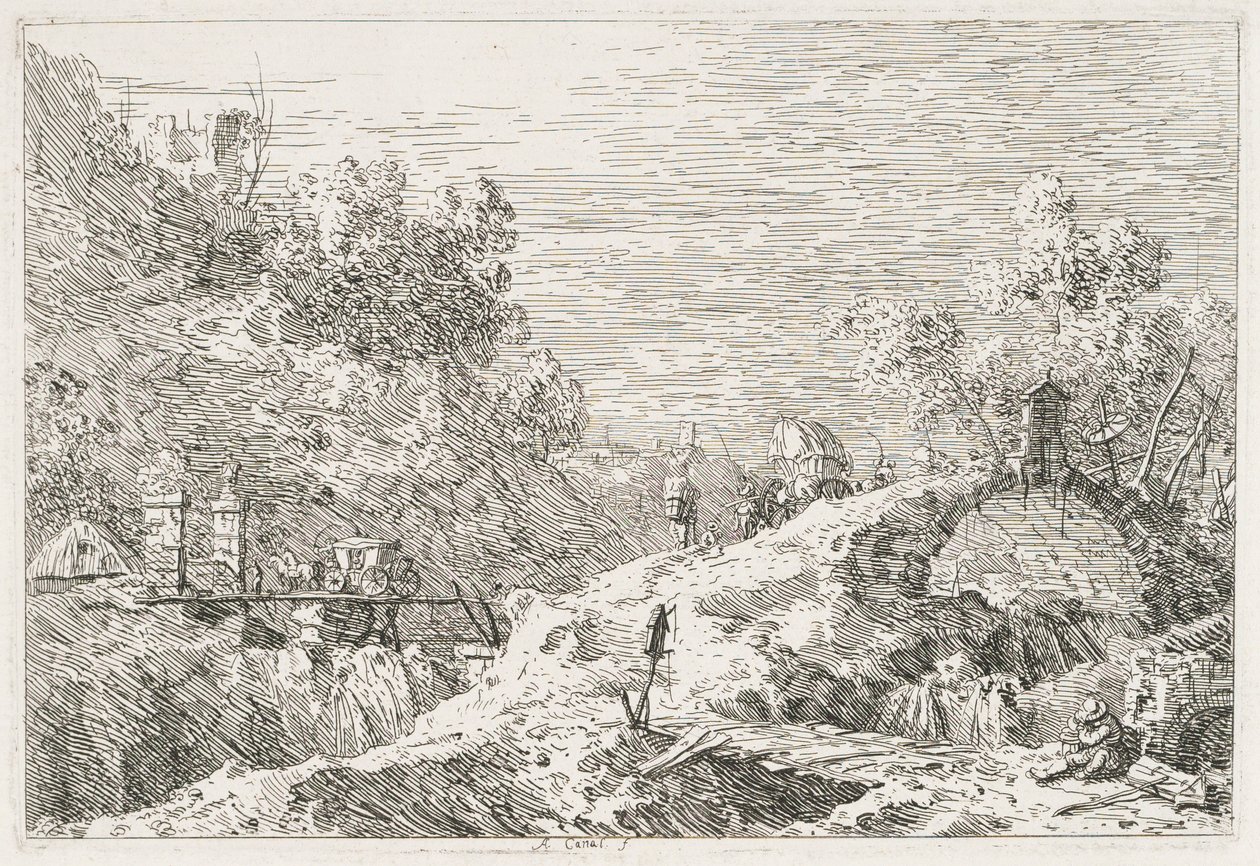 Uitzichten: Berglandschap met vijf bruggen, 1735-1746 door Giovanni Antonio Canal