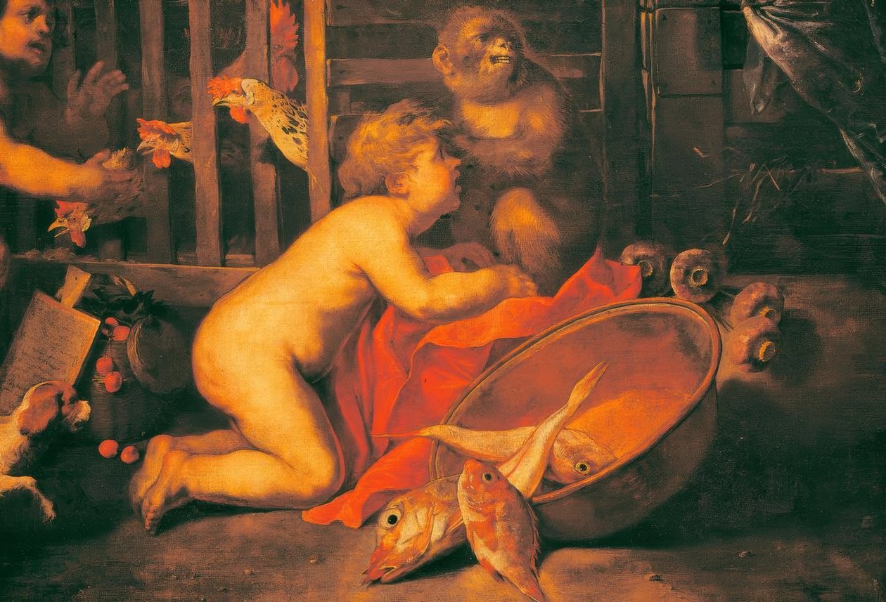 Putti, aap en schaal met vissen door Antonio Maria Vassallo